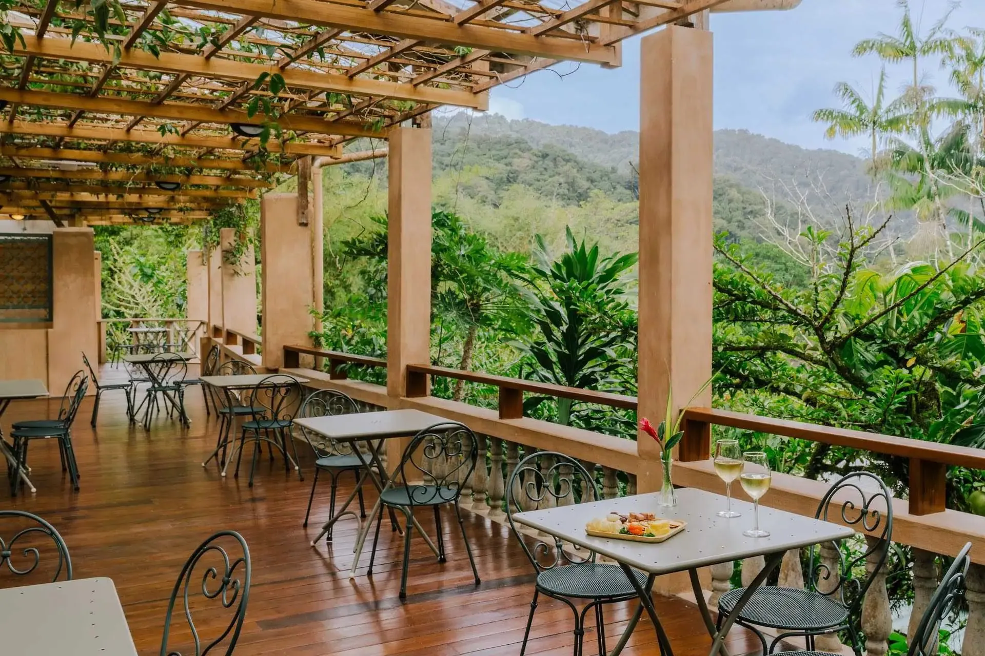 Covered terrace overlooking the valley with wine and small plates
